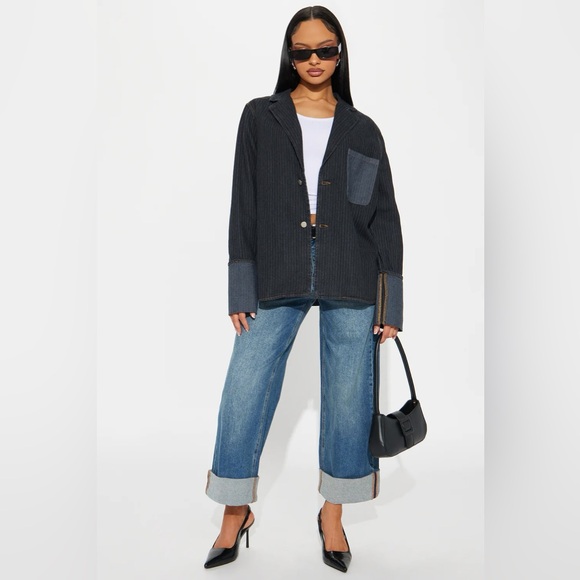 NEW! FASHION NOVA 'Nour' Pinstripe Cuffed Oversized Denim Blazer Jacket - Picture 7 of 14